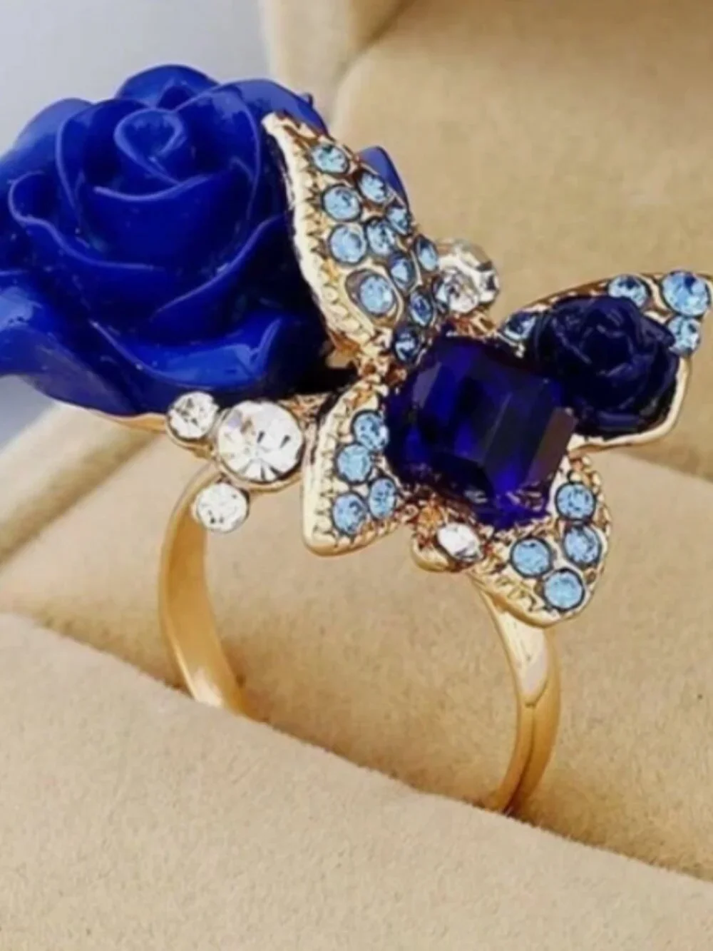 Blue Rose Butterfly Ring Adjustable Crystal Floral Elegant Fashion Jewelry Gift